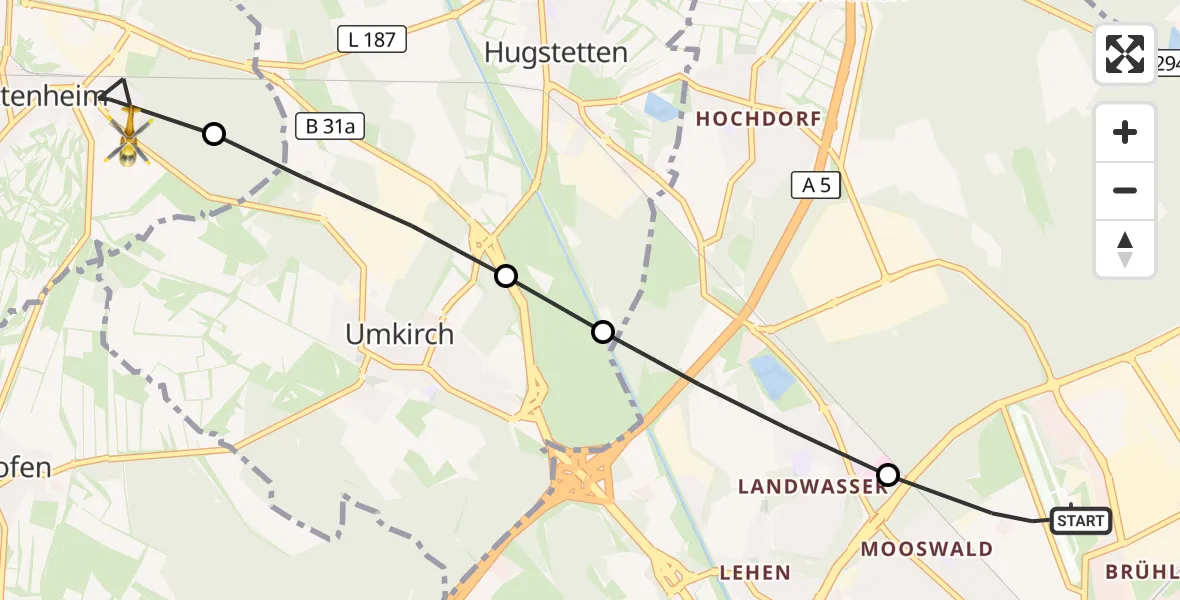 Flugroute Ambulanzhubschrauber Freiburg im Breisgau Flugplatz - Gottenheim, 30 September 2026, 07:54