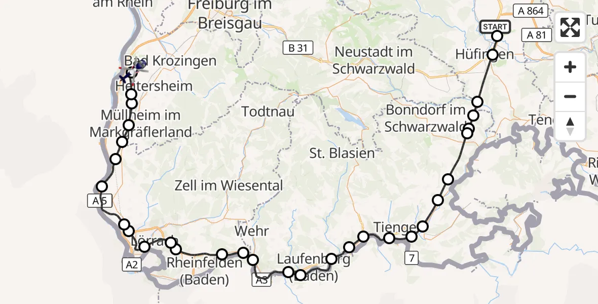 Flugroute Polizeihubschrauber Donaueschingen-Villingen Flugplatz - Eschbach, 30 September 2026, 07:55