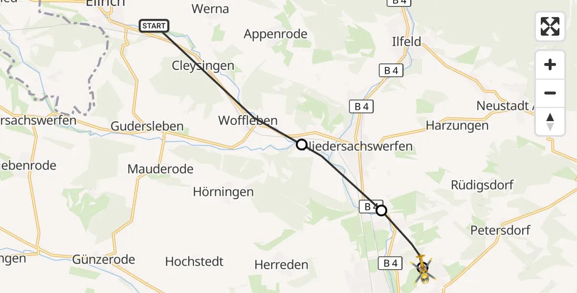 Flugroute Rettungshubschrauber Ellrich - Südharz Hospital Nordhausen Hubschrauberlandeplatz, 30 September 2026, 08:03