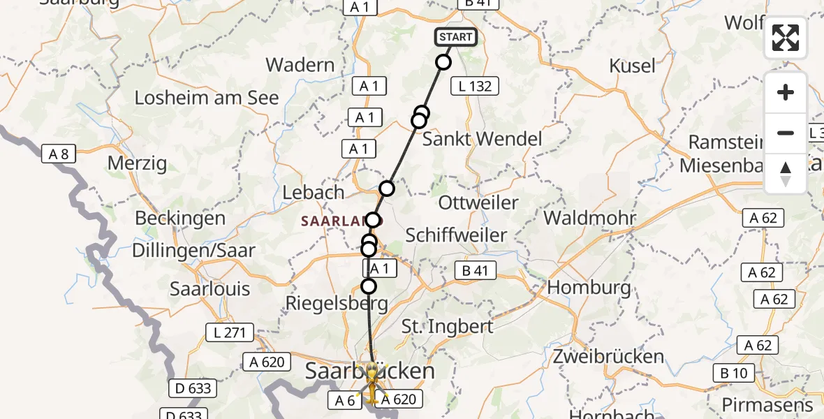 Flugroute Rettungshubschrauber Nohfelden - Saarbrücken, 30 September 2026, 08:07