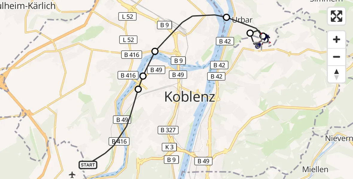 Flugroute Polizeihubschrauber Koblenz - Koblenz, 30 September 2026, 08:11