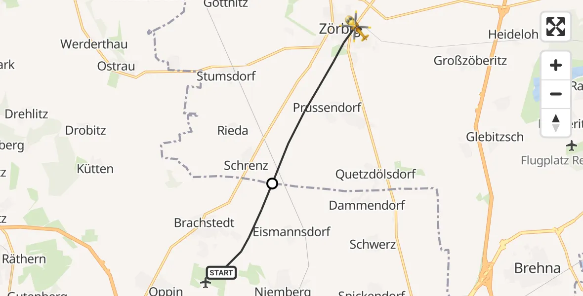 Flugroute Rettungshubschrauber Petersberg - Zörbig, 30 September 2026, 08:13