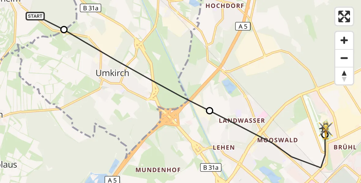 Flugroute Ambulanzhubschrauber Gottenheim - Freiburg im Breisgau Flugplatz, 30 September 2026, 08:15
