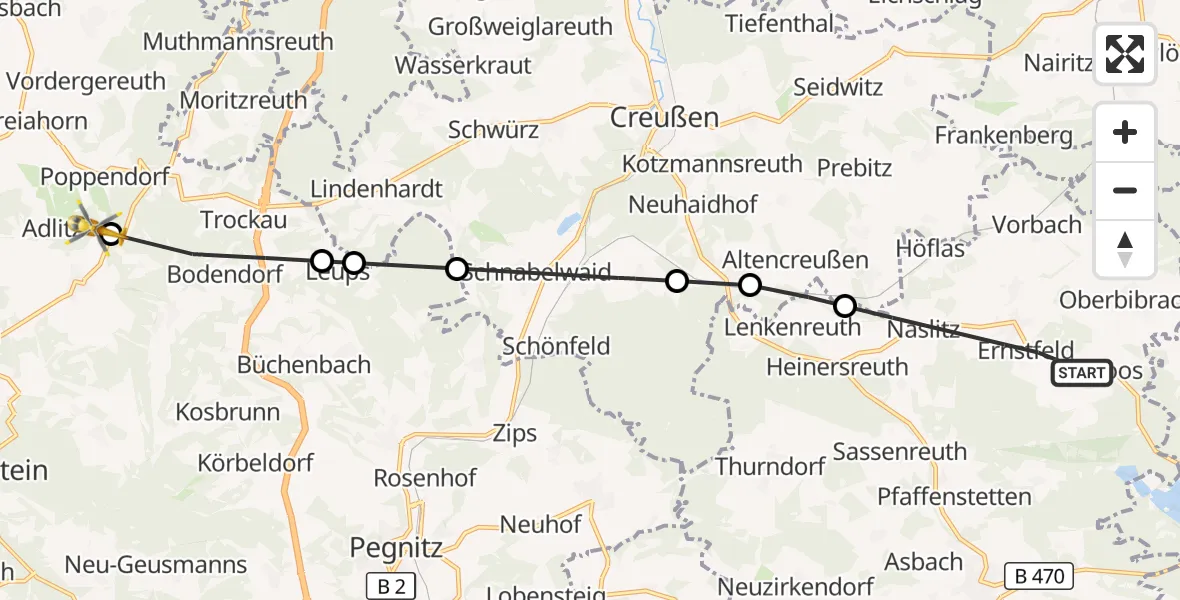 Flugroute Ambulanzhubschrauber Schlammersdorf - Pottenstein, 30 September 2026, 08:21