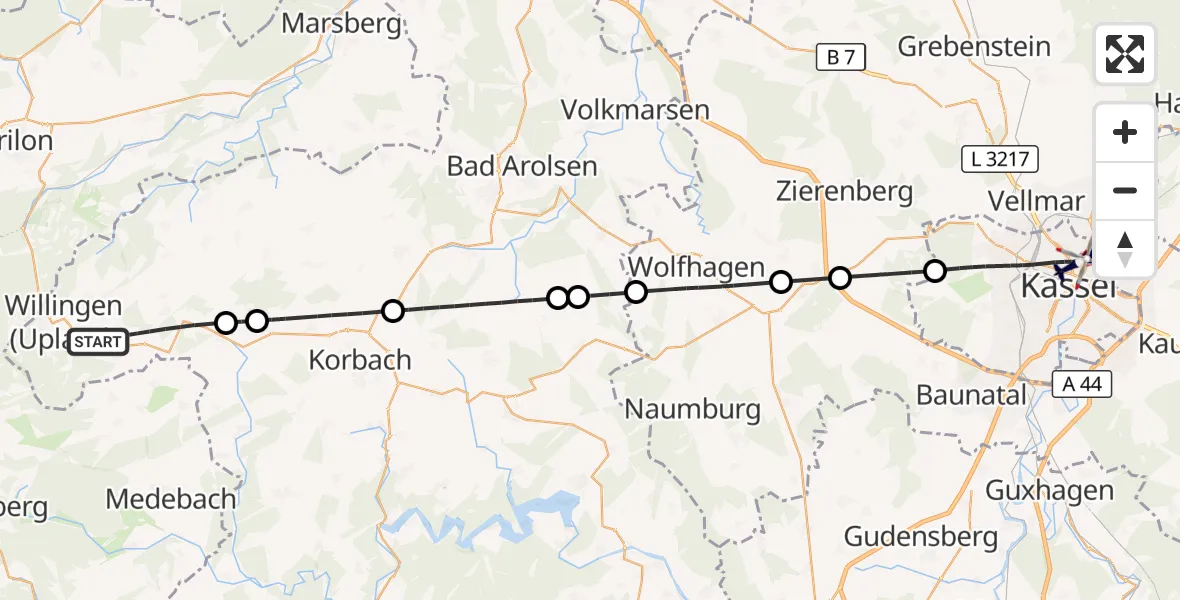Flugroute Polizeihubschrauber Willingen (Upland) - Kassel, 30 September 2026, 08:40