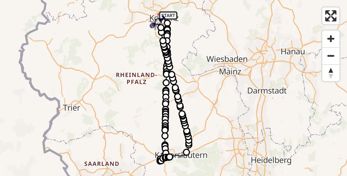 Flugroute Polizeihubschrauber Koblenz - Koblenz-Winningen Flugplatz, 30 September 2026, 08:49