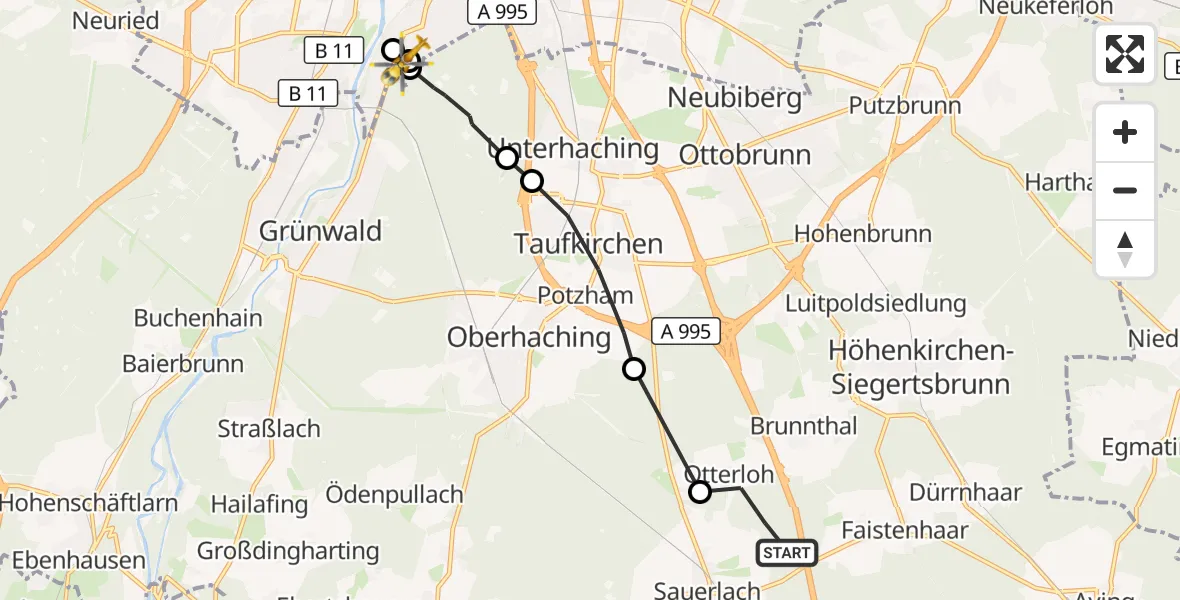 Flugroute Rettungshubschrauber Brunnthal - ADAC Air Rescue Center Hubschrauberlandeplatz (Christoph 1), 30 September 2026, 08:59