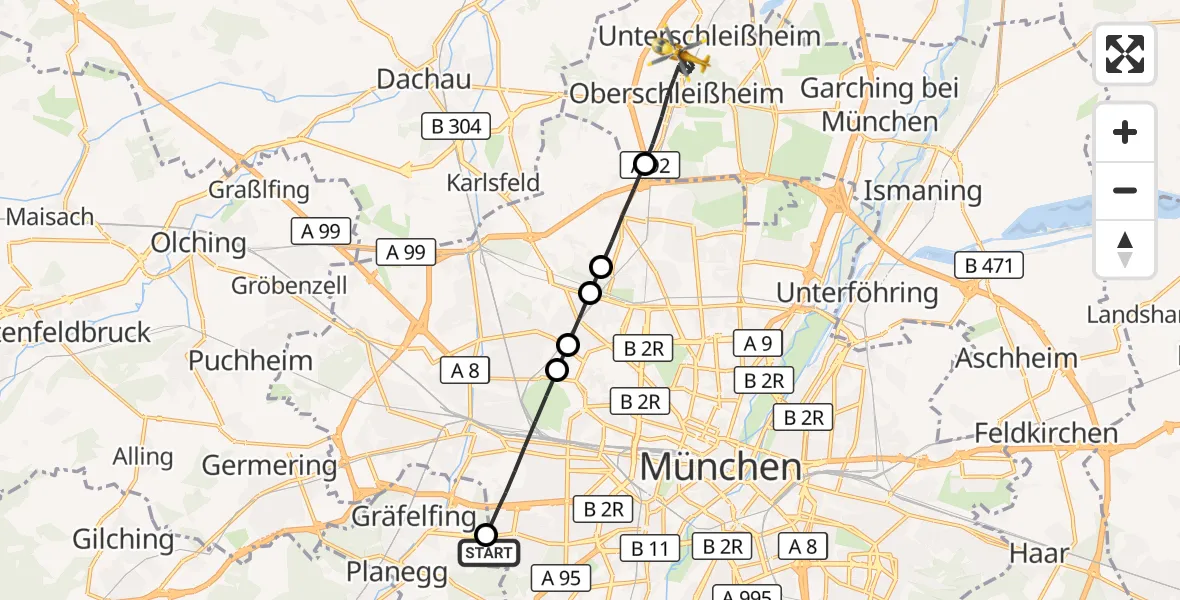Flugroute Rettungshubschrauber DRF Air Rescue München Hubschrauberlandeplatz - Oberschleißheim, 30 September 2026, 09:04