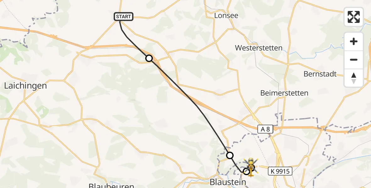 Flugroute Rettungshubschrauber Nellingen - ADAC Air Rescue Station Ulm (Christoph 22), 30 September 2026, 09:10