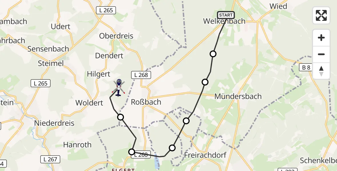 Flugroute Polizeihubschrauber Welkenbach - Woldert, 30 September 2026, 09:11