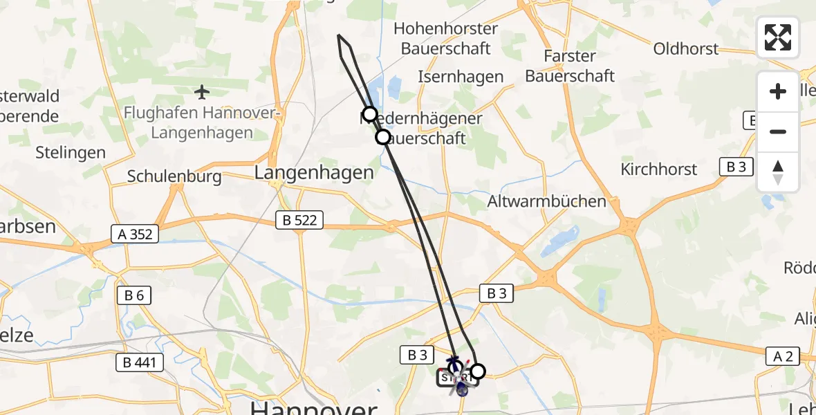 Flugroute Polizeihubschrauber Hannover Luftrettung Hubschrauberlandeplatz (Christoph 4) - Hannover Luftrettung Hubschrauberlandeplatz (Christoph 4), 30 September 2026, 09:13