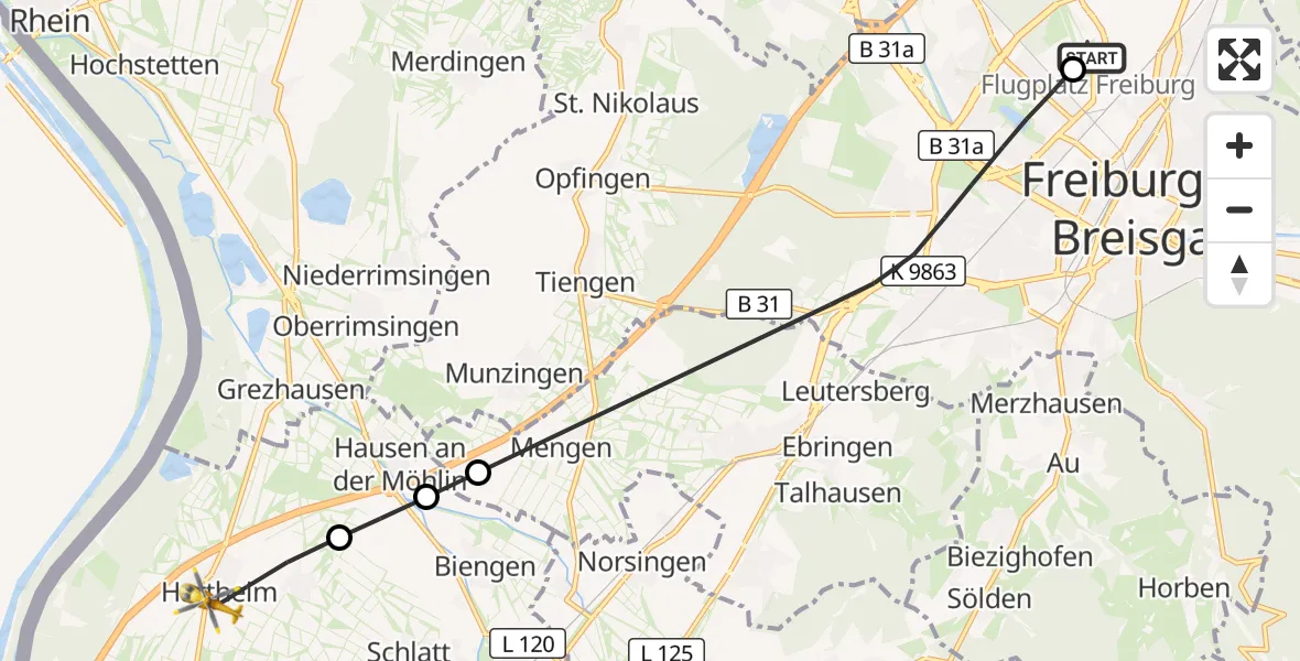 Flugroute Ambulanzhubschrauber Freiburg im Breisgau Flugplatz - Hartheim am Rhein, 30 September 2026, 09:20