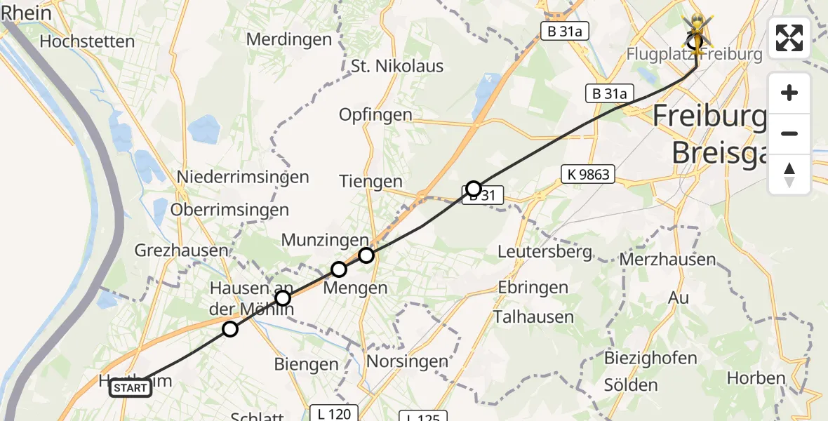 Flugroute Ambulanzhubschrauber Hartheim am Rhein - Freiburg im Breisgau Flugplatz, 30 September 2026, 09:44