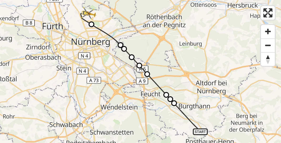 Flugroute Rettungshubschrauber Burgthann - Flughafen Nuremberg, 30 September 2026, 09:45