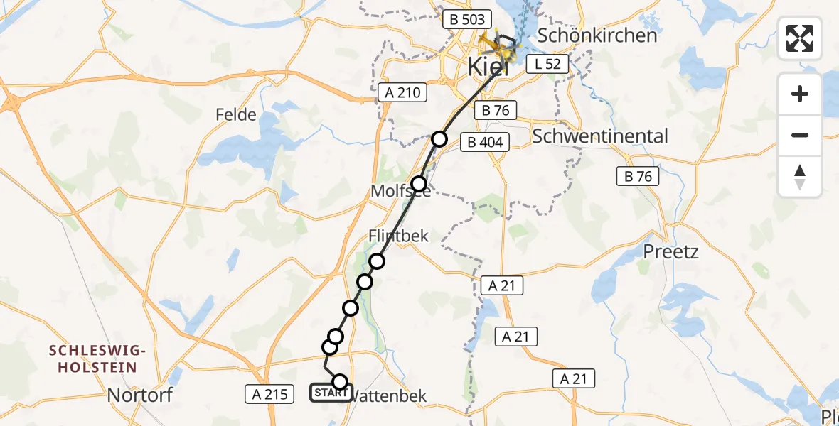 Flugroute Ambulanzhubschrauber Mühbrook - Kiel, 30 September 2026, 09:47