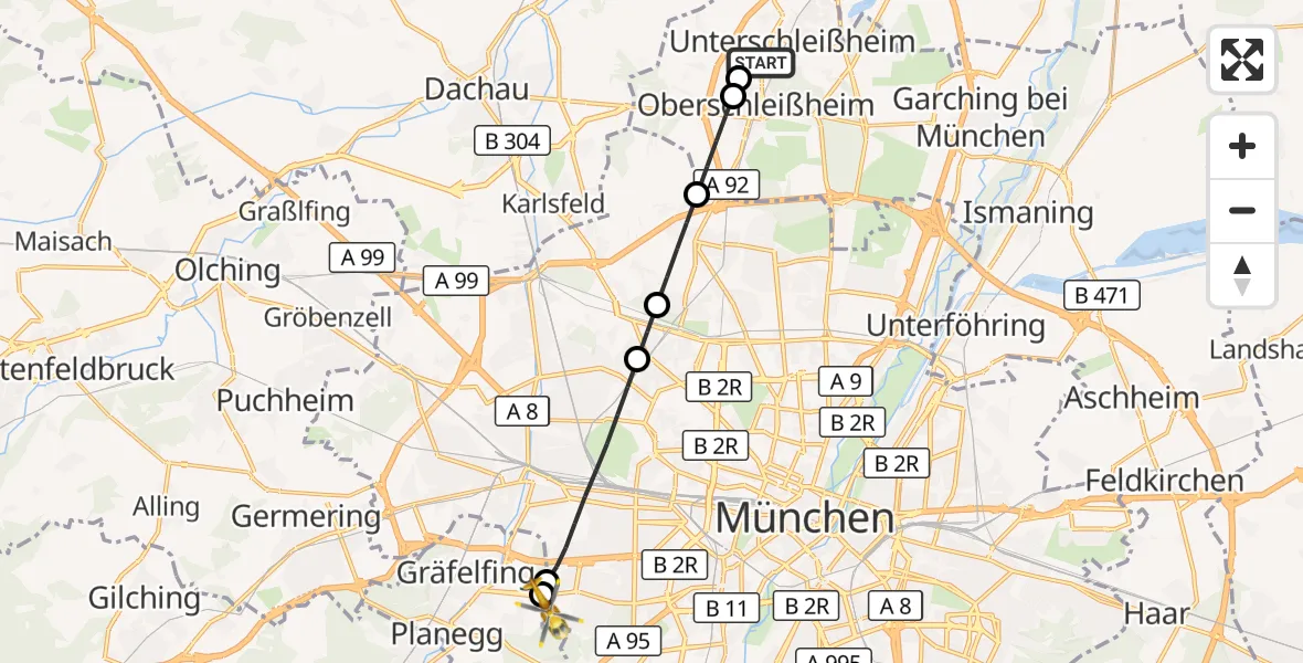 Flugroute Rettungshubschrauber Oberschleißheim - DRF Air Rescue München Hubschrauberlandeplatz, 30 September 2026, 09:57