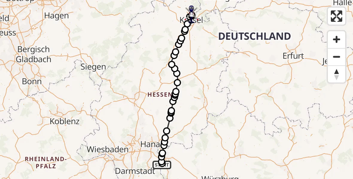 Flugroute Polizeihubschrauber Flugplatz Aschaffenburg - Fuldatal Bundespolizei Hubschrauberlandeplatz, 30 September 2026, 10:06