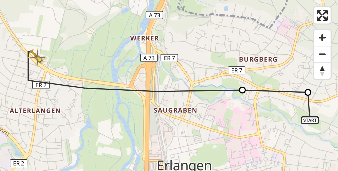 Flugroute Ambulanzhubschrauber Erlangen University Hospital Ebrardstraße - Erlangen, 30 September 2026, 10:29