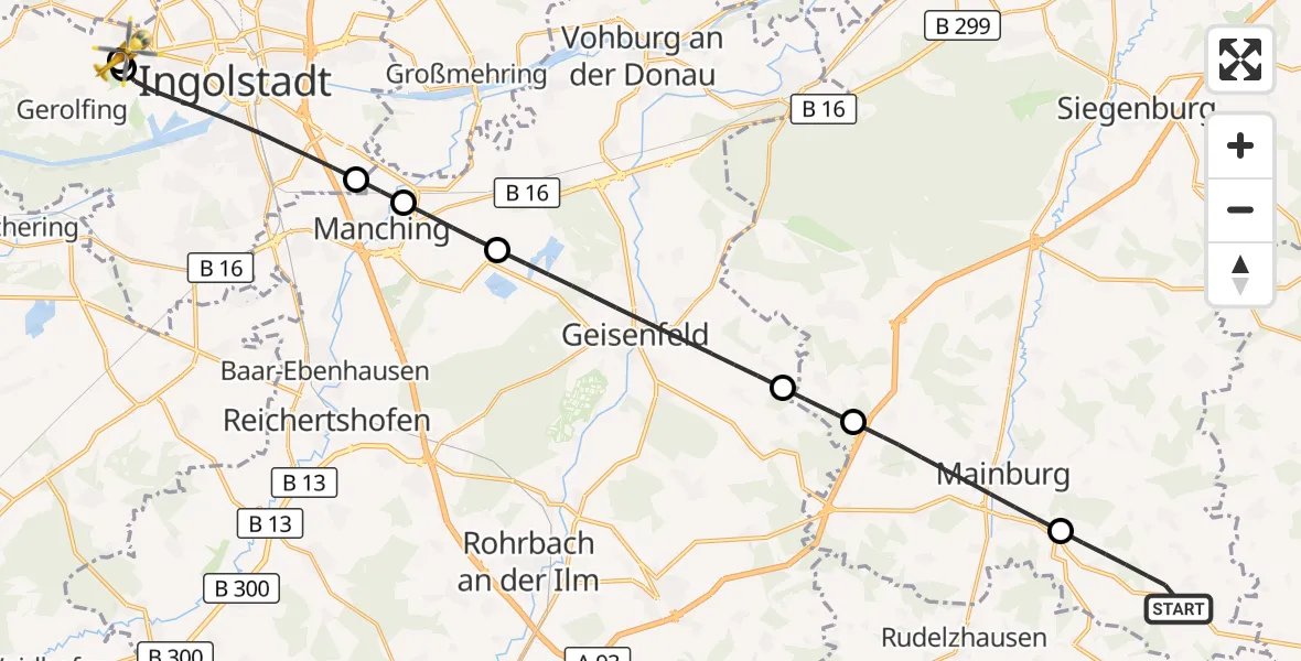 Flugroute Rettungshubschrauber Volkenschwand - Ingolstadt Hospital, 30 September 2026, 10:37