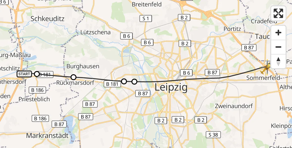 Flugroute Rettungshubschrauber ADAC Air Rescue Station Leipzig/Schkeuditz-Dölzig Hubschrauberlandeplatz (Christoph 61) - Leipzig, 30 September 2026, 10:44