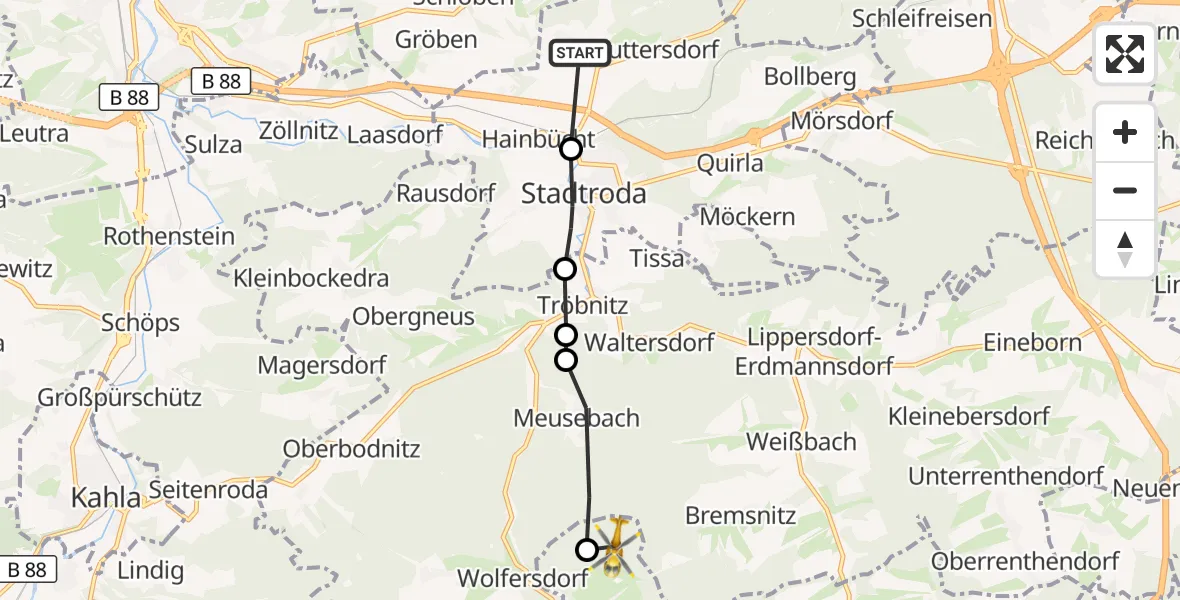 Flugroute Rettungshubschrauber Ruttersdorf-Lotschen - Neustadt an der Orla, 30 September 2026, 10:48