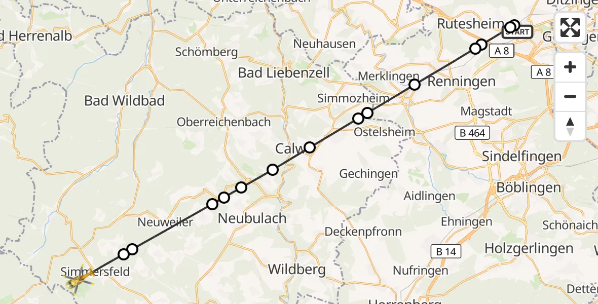Flugroute Rettungshubschrauber Leonberg Hospital - Simmersfeld, 30 September 2026, 11:18