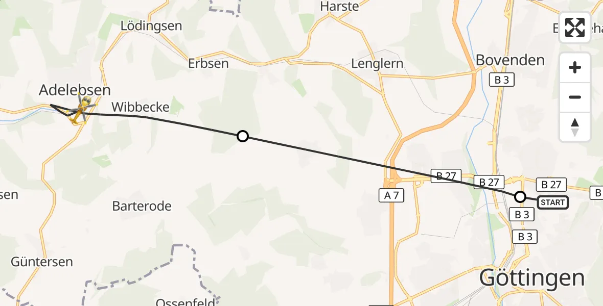 Flugroute Rettungshubschrauber Göttingen University Clinic Hubschrauberlandeplatz - Adelebsen, 30 September 2026, 11:19