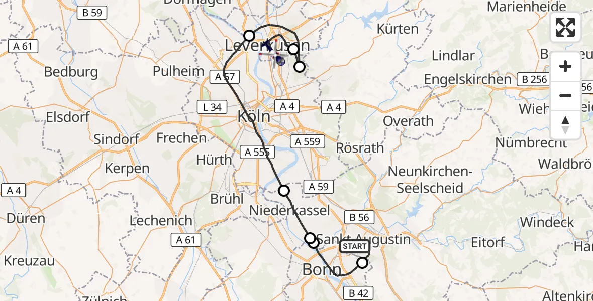 Flugroute Polizeihubschrauber Sankt Augustin - Leverkusen, 30 September 2026, 11:41