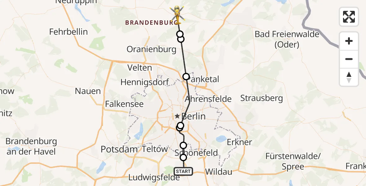 Flugroute Rettungshubschrauber Blankenfelde-Mahlow - Liebenwalde, 30 September 2026, 11:44