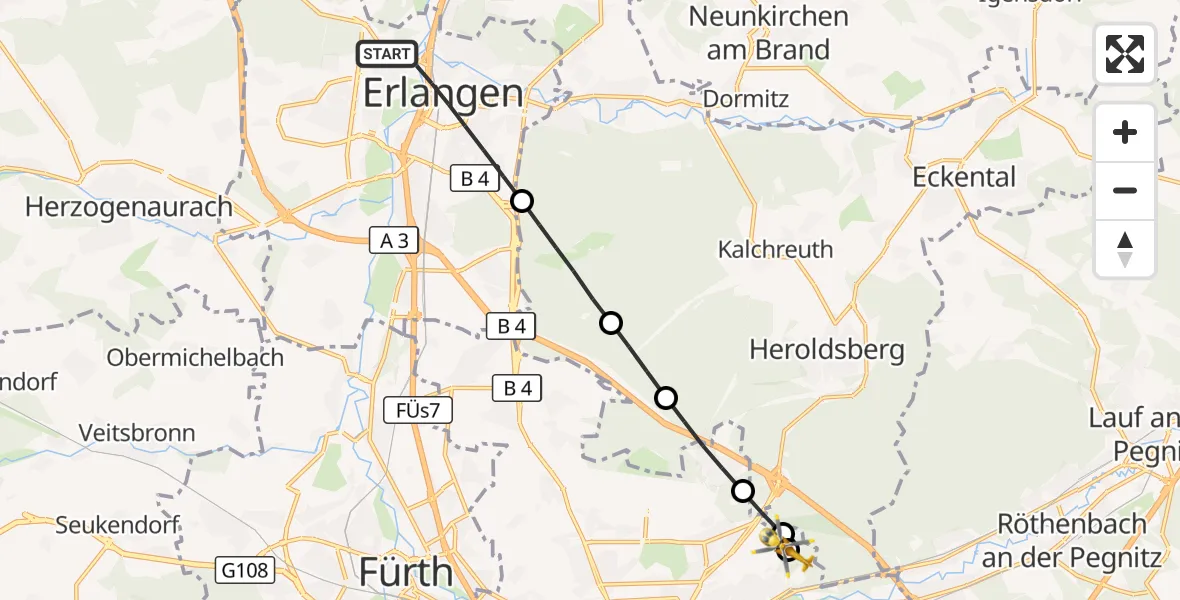 Flugroute Ambulanzhubschrauber Erlangen - Martha-Maria Nürnberg Hospital, 30 September 2026, 11:50