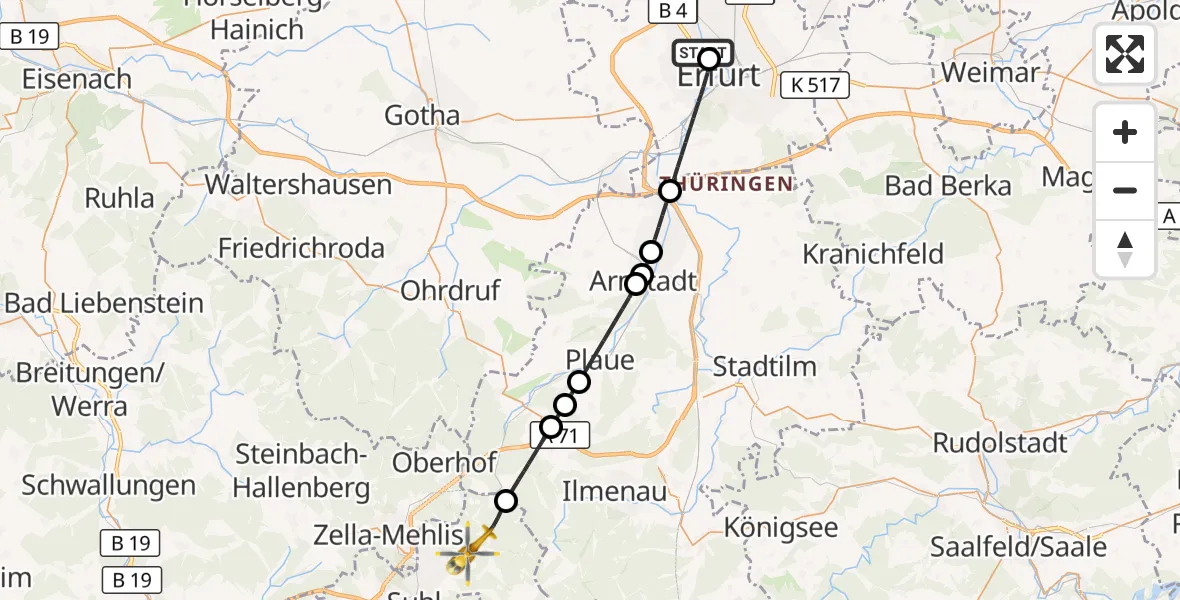 Flugroute Rettungshubschrauber Helios Clinic Erfurt - Suhl, 30 September 2026, 11:51