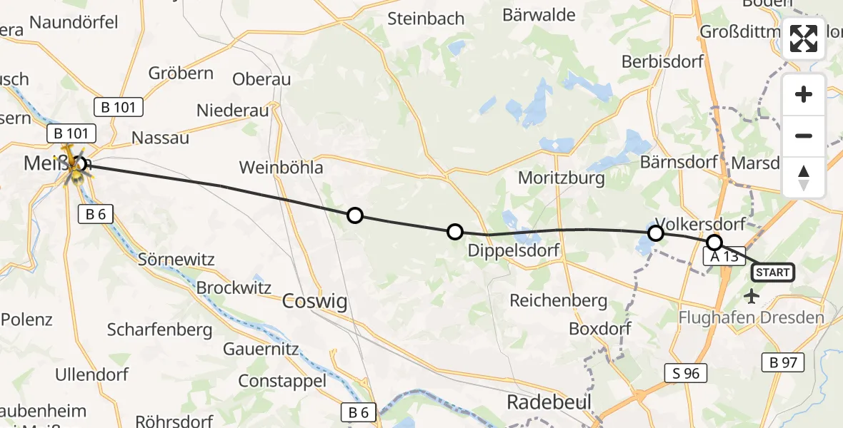 Flugroute Rettungshubschrauber Dresden Flughafen - Meißen, 30 September 2026, 11:54