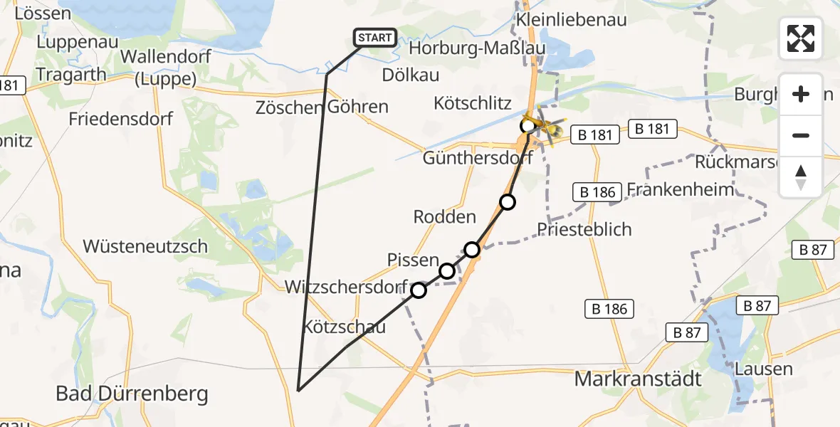 Flugroute Rettungshubschrauber Leuna - ADAC Air Rescue Station Leipzig/Schkeuditz-Dölzig Hubschrauberlandeplatz (Christoph 61), 30 September 2026, 11:58