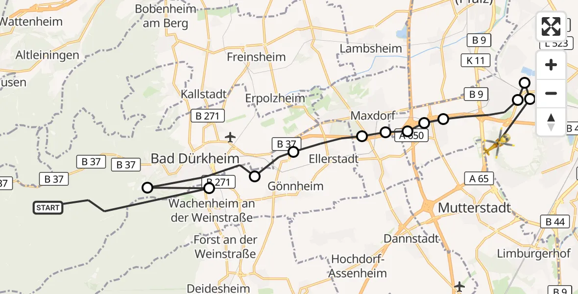 Flugroute Rettungshubschrauber Bad Dürkheim - Ludwigshafen am Rhein, 30 September 2026, 12:11