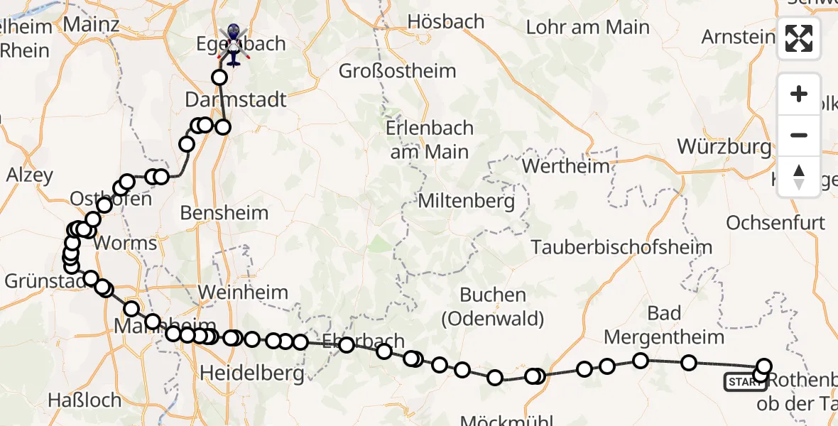 Flugroute Polizeihubschrauber Niederstetten - Flughafen Frankfurt-Egelsbach, 30 September 2026, 12:12
