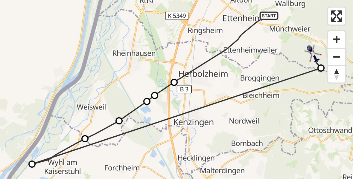 Flugroute Polizeihubschrauber Ettenheim - Ettenheim, 30 September 2026, 12:12