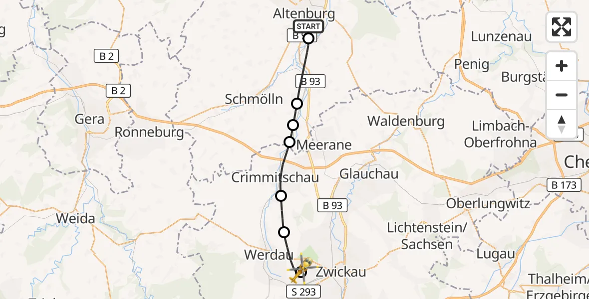 Flugroute Rettungshubschrauber Altenburg - ADAC Air Rescue Station Zwickau Hubschrauberlandeplatz, 30 September 2026, 12:27