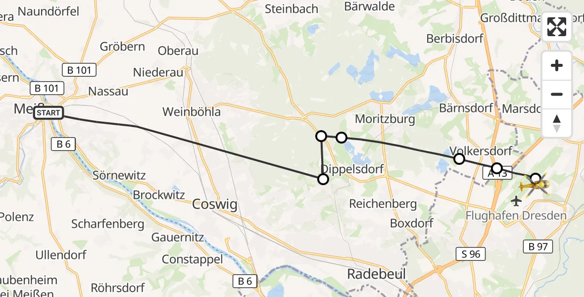 Flugroute Rettungshubschrauber Meißen - Dresden Bundespolizei Hubschrauberlandeplatz, 30 September 2026, 12:37