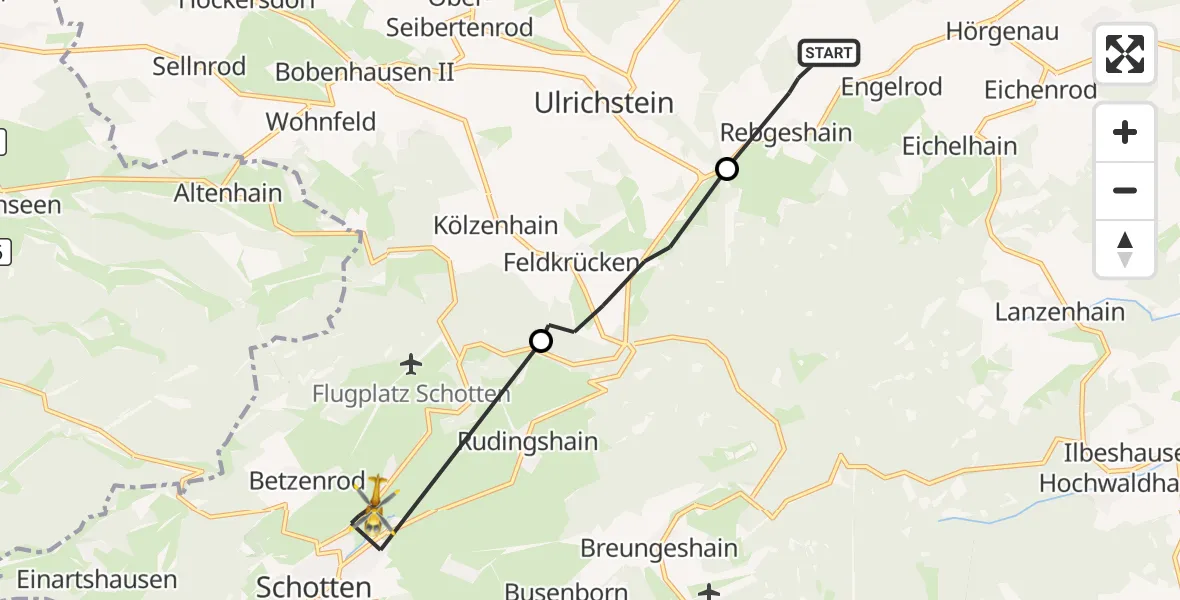 Flugroute Rettungshubschrauber Lautertal (Vogelsberg) - Schotten, 30 September 2026, 12:37