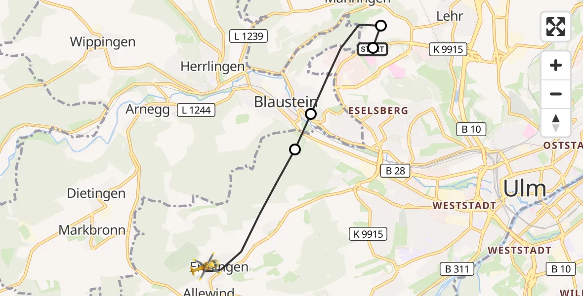 Flugroute Rettungshubschrauber Ulm Military Hospital Emergency - Ulm, 30 September 2026, 12:45