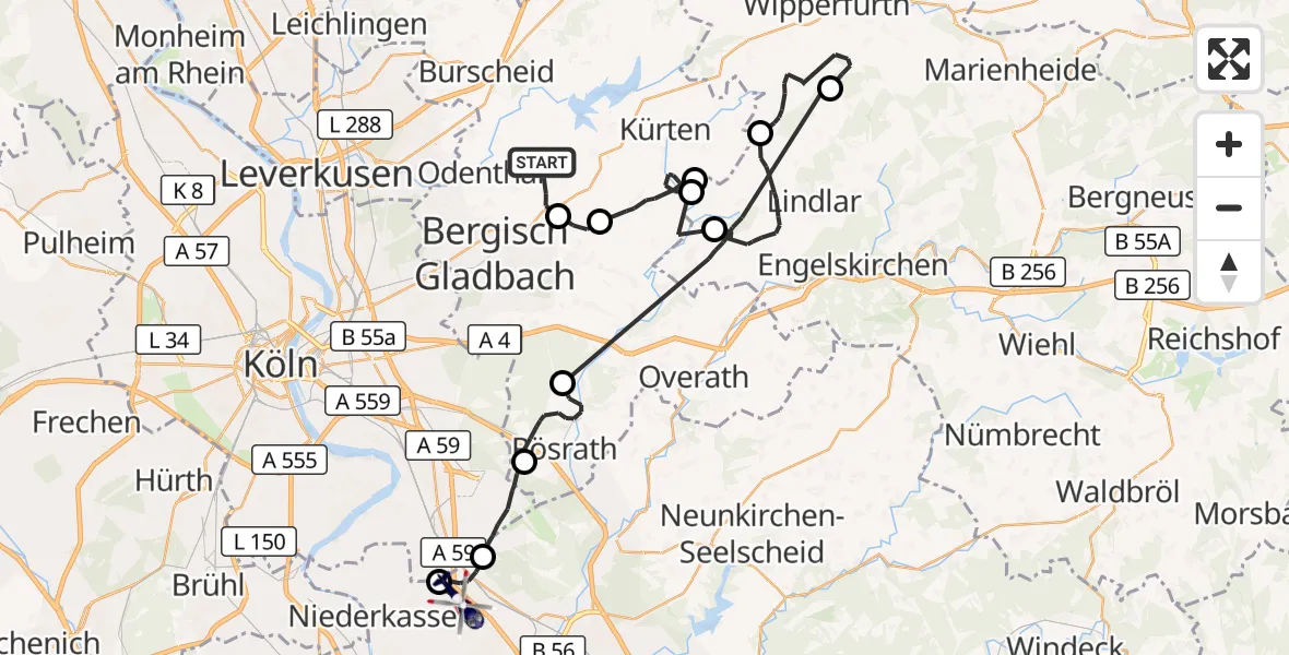 Flugroute Polizeihubschrauber Odenthal - Troisdorf, 30 September 2026, 12:45