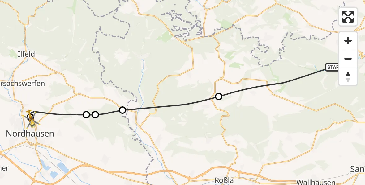 Flugroute Rettungshubschrauber Sangerhausen - Südharz Hospital Nordhausen, 30 September 2026, 12:46