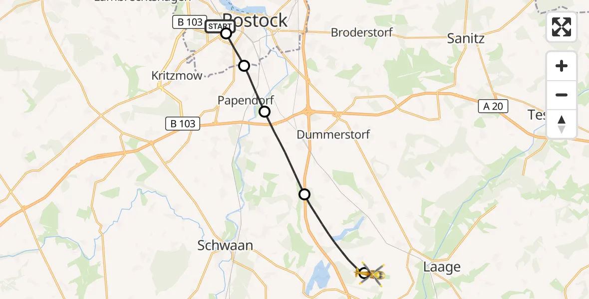 Flugroute Rettungshubschrauber Rostock University Hubschrauberlandeplatz - Flughafen Rostock-Laage, 30 September 2026, 12:52