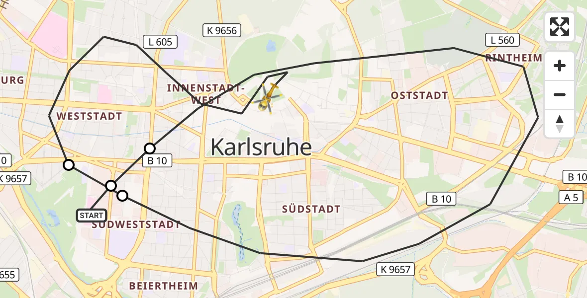 Flugroute Ambulanzhubschrauber Sankt Vincentius Hospital - Karlsruhe, 30 September 2026, 13:00