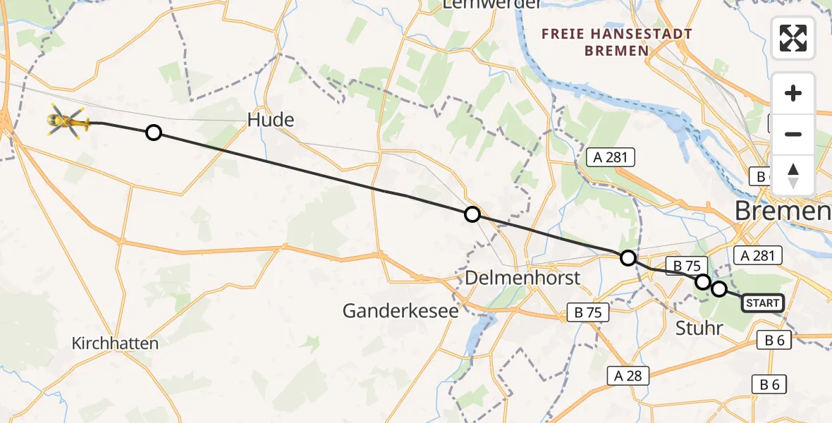 Flugroute Rettungshubschrauber Flughafen Bremen - Hude (Oldb), 30 September 2026, 13:11