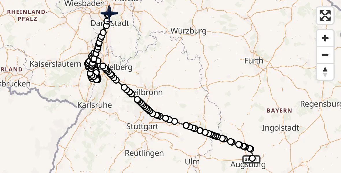 Flugroute Polizeiflugzeug Augsburg Flughafen - Flughafen Frankfurt-Egelsbach, 30 September 2026, 13:18