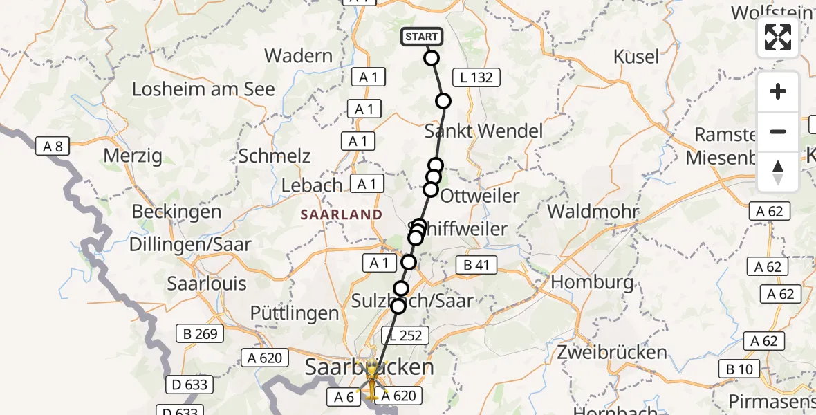 Flugroute Rettungshubschrauber Nohfelden - Saarbrücken, 30 September 2026, 13:28