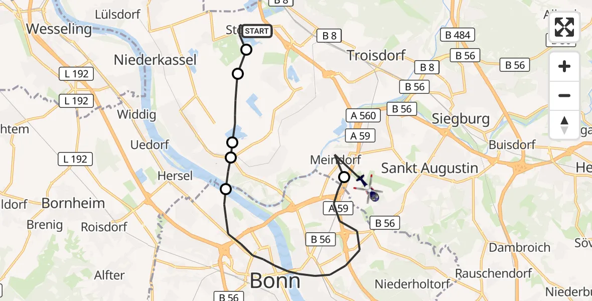 Flugroute Polizeihubschrauber Niederkassel - Sankt Augustin, 30 September 2026, 13:33