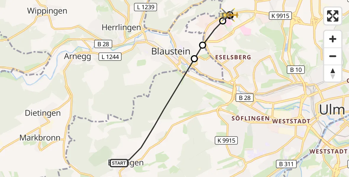 Flugroute Rettungshubschrauber Ulm - ADAC Air Rescue Station Ulm (Christoph 22), 30 September 2026, 13:34