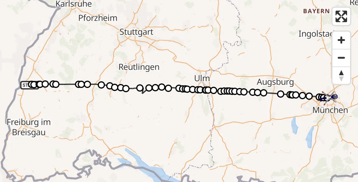 Flugroute Polizeihubschrauber Lahr/Schwarzwald - Oberschleißheim, 30 September 2026, 13:36